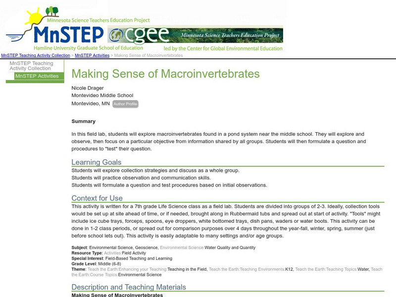 Serc: Making Sense of Macroinvertebrates Lesson Plan