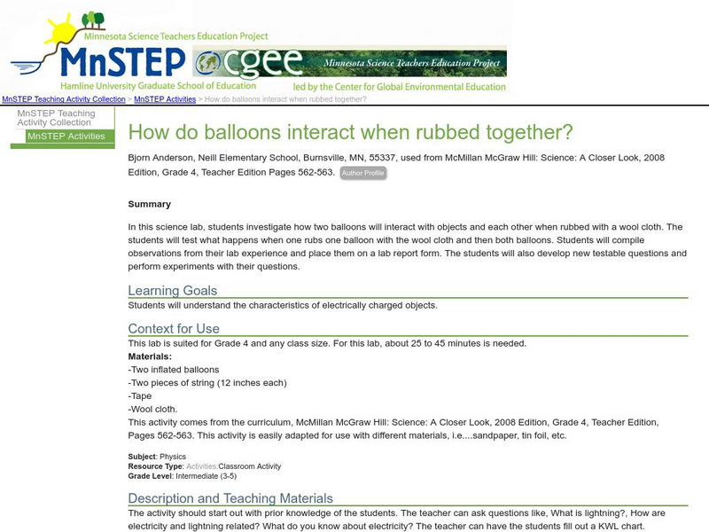 Serc: How Do Balloons Interact When Rubbed Together? Lesson Plan Serc: How Do Balloons Interact When Rubbed Together? Lesson Plan
