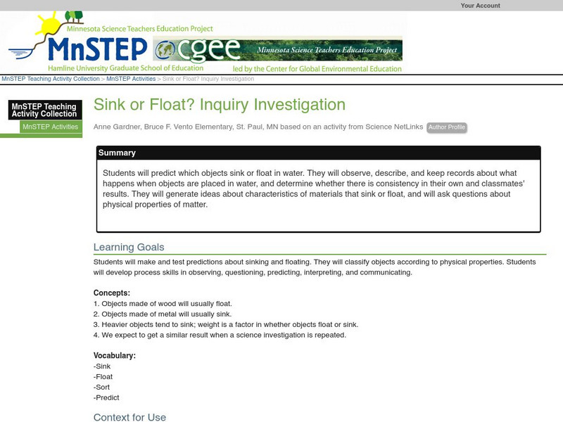 Serc: Mn Step: Sink or Float? Inquiry Investigation Lesson Plan Serc: Mn Step: Sink or Float? Inquiry Investigation Lesson Plan