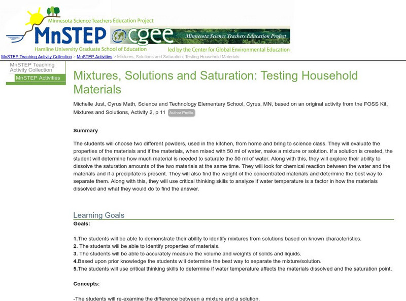 Serc: Mixtures, Solutions and Saturation: Testing Household Materials Lesson Plan Serc: Mixtures, Solutions and Saturation: Testing Household Materials Lesson Plan
