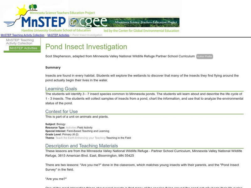 Serc: Pond Insect Investigation Lesson Plan Serc: Pond Insect Investigation Lesson Plan