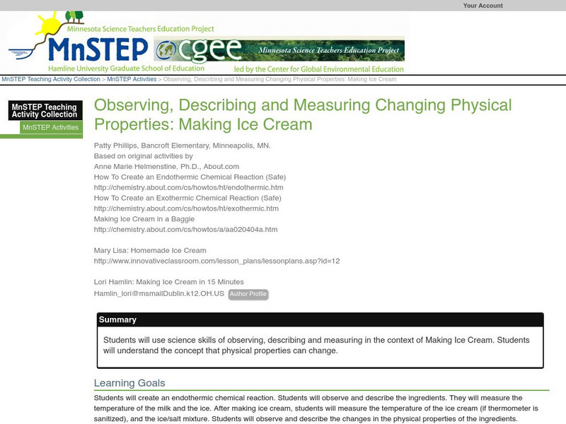 Serc: Observing,describing, Measuring Changing Physical Prop: Making Ice Cream Lesson Plan Serc: Observing,describing, Measuring Changing Physical Prop: Making Ice Cream Lesson Plan