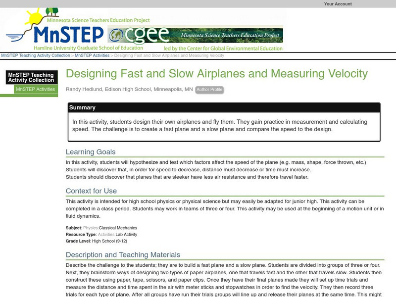 Serc: Designing Fast and Slow Airplanes and Measuring Velocity Lesson Plan