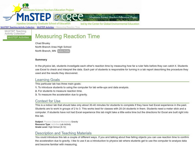 Serc: Measuring Reaction Time Lesson Plan Serc: Measuring Reaction Time Lesson Plan
