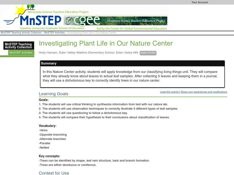 Serc: Investigating Plant Life in Our Nature Center Lesson Plan Serc: Investigating Plant Life in Our Nature Center Lesson Plan