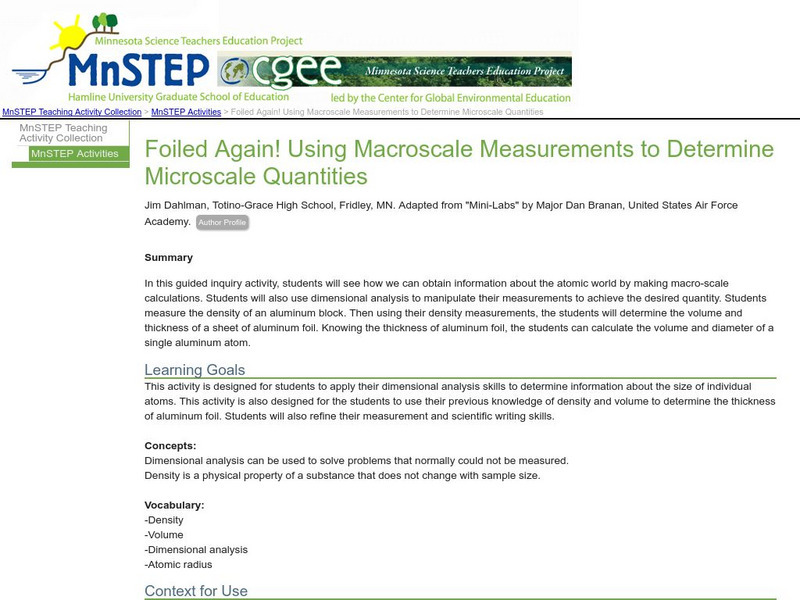 Serc: Using Macroscale Measurements to Determine Microscale Quantities Lesson Plan