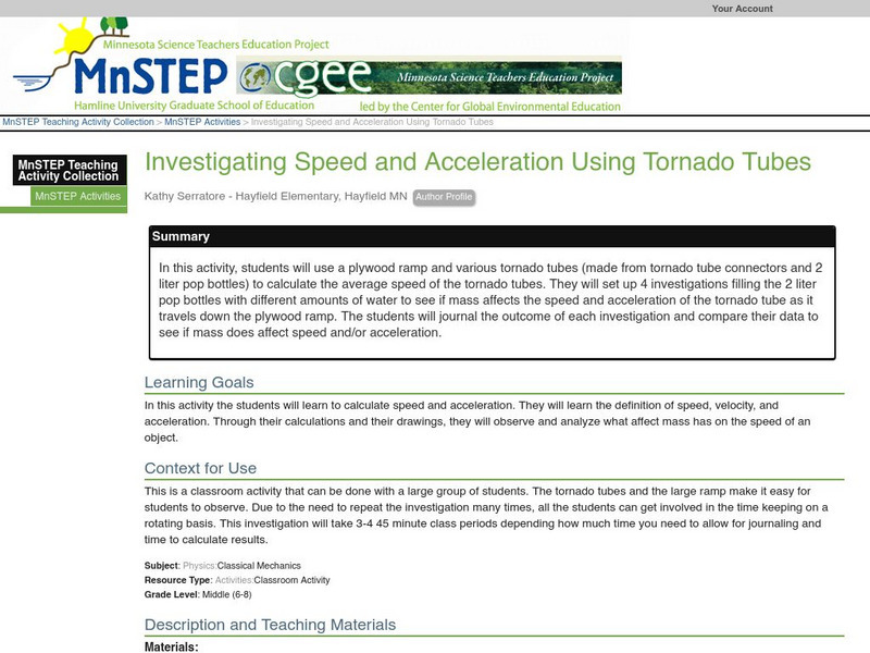 Serc: Investigating Speed and Acceleration Using Tornado Tubes Lesson Plan Serc: Investigating Speed and Acceleration Using Tornado Tubes Lesson Plan