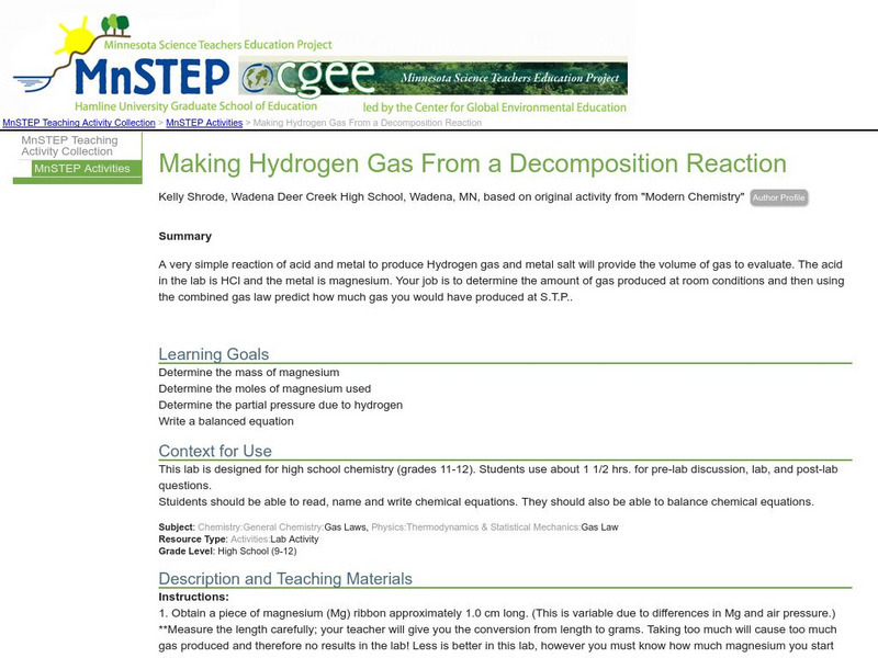 Serc: Making Hydrogen Gas From a Decomposition Reaction Lesson Plan Serc: Making Hydrogen Gas From a Decomposition Reaction Lesson Plan