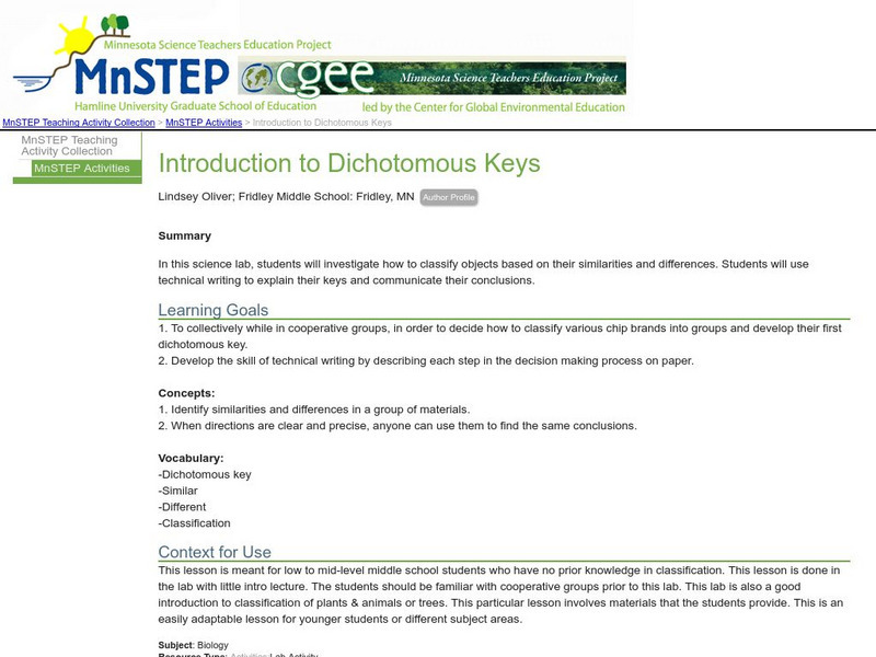 Serc: Introduction to Dichotomous Keys Lesson Plan Serc: Introduction to Dichotomous Keys Lesson Plan