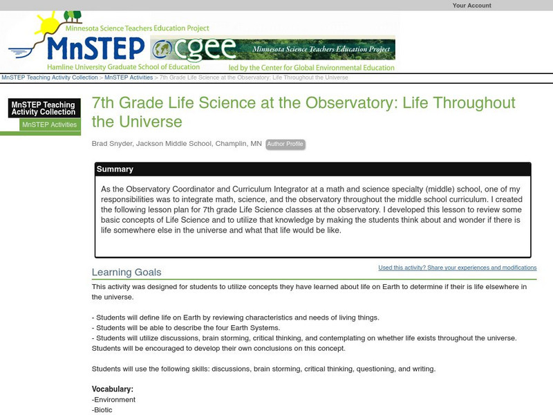 Serc: 7th Grade Life Science at the Observatory: Life Throughout the Universe Lesson Plan Serc: 7th Grade Life Science at the Observatory: Life Throughout the Universe Lesson Plan