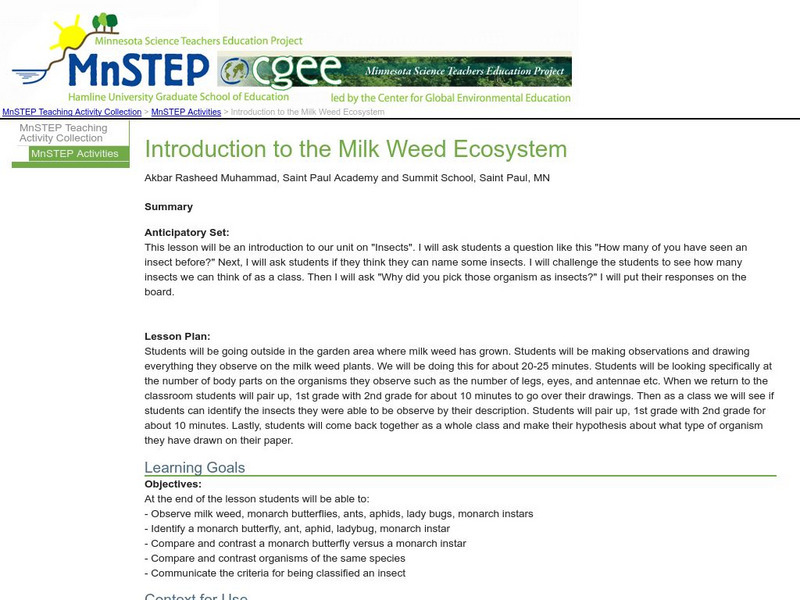 Serc: Introduction to the Milk Weed Ecosystem Lesson Plan Serc: Introduction to the Milk Weed Ecosystem Lesson Plan