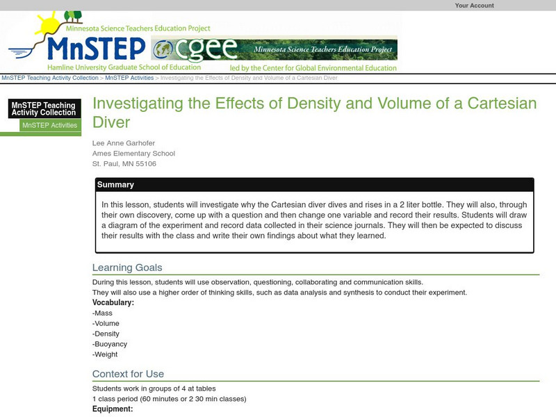 Serc: Investigating the Effects of Density and Volume of a Cartesian Diver Lesson Plan Serc: Investigating the Effects of Density and Volume of a Cartesian Diver Lesson Plan