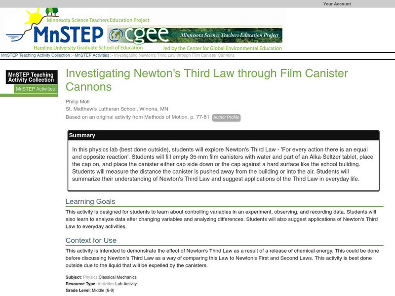 Serc: Investigating Newton's Third Law Through Film Canister Cannons Lesson Plan Serc: Investigating Newton's Third Law Through Film Canister Cannons Lesson Plan