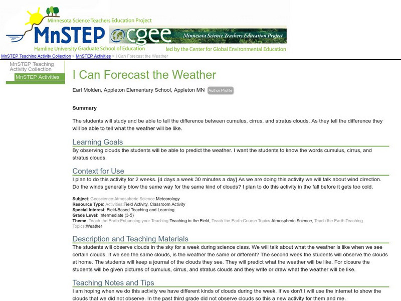 Serc: I Can Forecast the Weather Lesson Plan Serc: I Can Forecast the Weather Lesson Plan