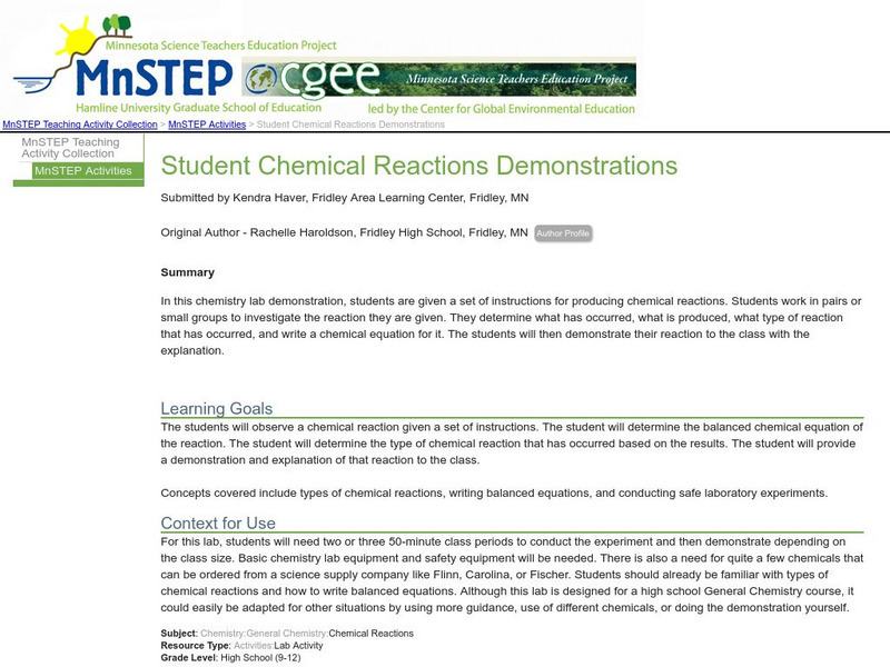 Serc: Mn Step: Student Chemical Reactions Demonstrations Lesson Plan Serc: Mn Step: Student Chemical Reactions Demonstrations Lesson Plan