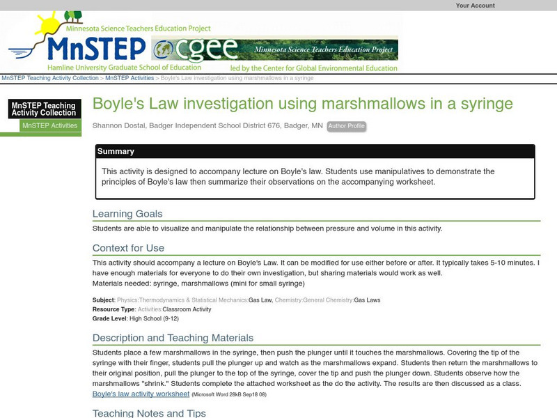 Serc: Boyle's Law Investigation Using Marshmallows in a Syringe Lesson Plan