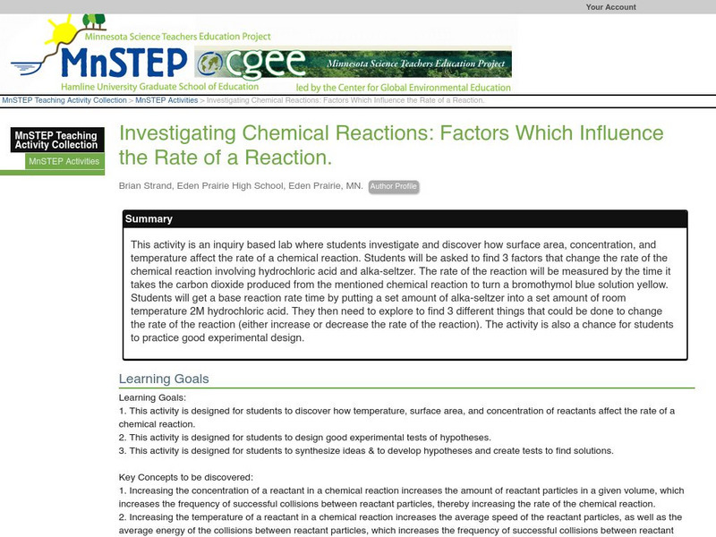 Serc: Investigating Chemical Reactions: Factors Which Influence Rate of Reaction Lesson Plan Serc: Investigating Chemical Reactions: Factors Which Influence Rate of Reaction Lesson Plan
