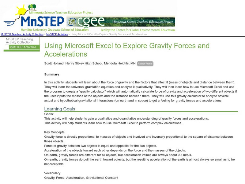 Serc: Using Microsoft Excel to Explore Gravity Forces and Accelerations Lesson Plan