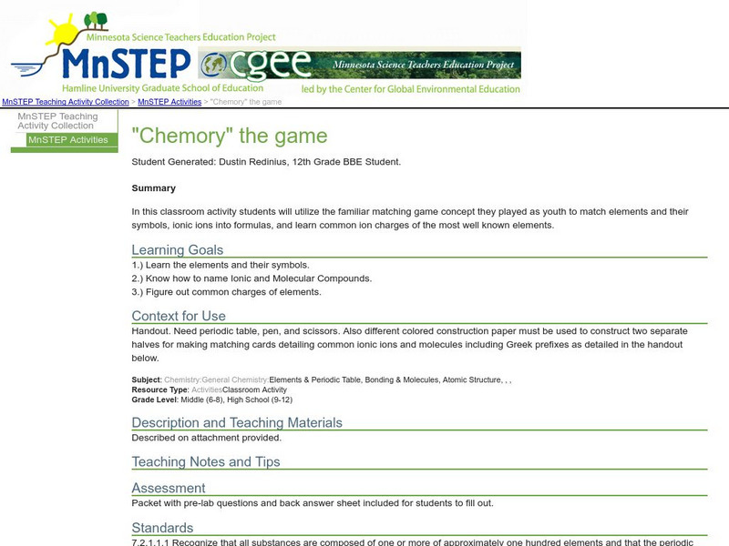 Serc: "Chemory" the Game Activity Serc: "Chemory" the Game Activity