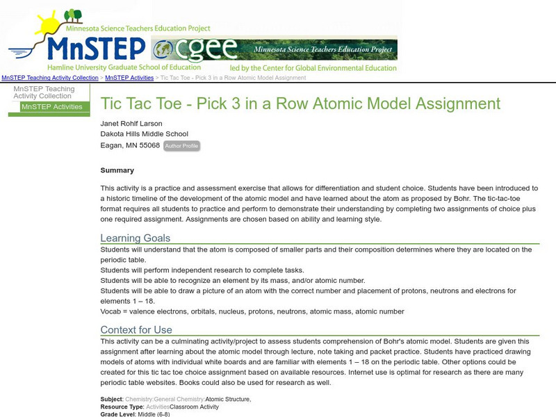 Serc: Tic Tac Toe Pick 3 in a Row Atomic Model Assignment Lesson Plan Serc: Tic Tac Toe Pick 3 in a Row Atomic Model Assignment Lesson Plan