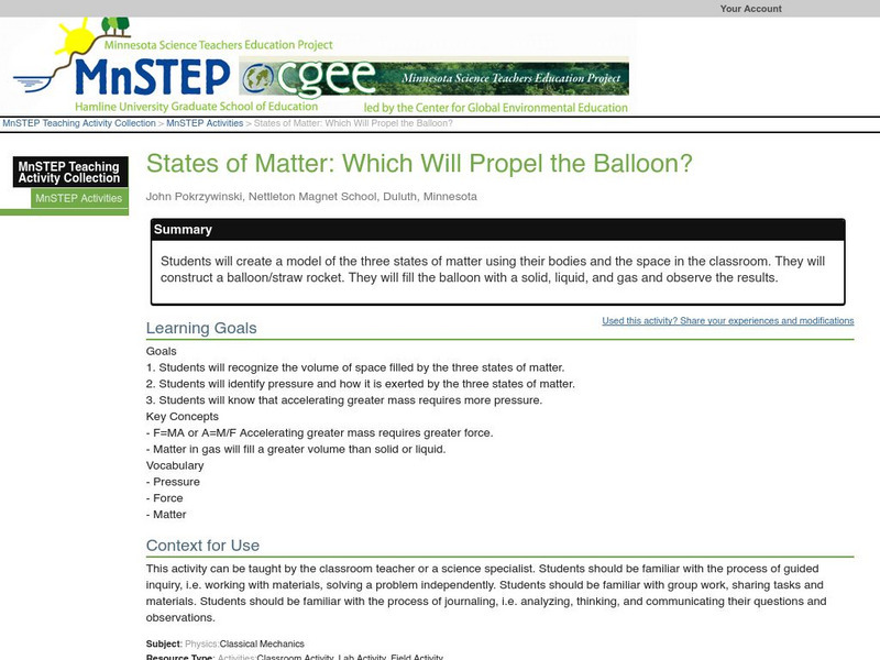 Serc: Mn Step: States of Matter: Which Will Propel the Balloon? Lesson Plan Serc: Mn Step: States of Matter: Which Will Propel the Balloon? Lesson Plan