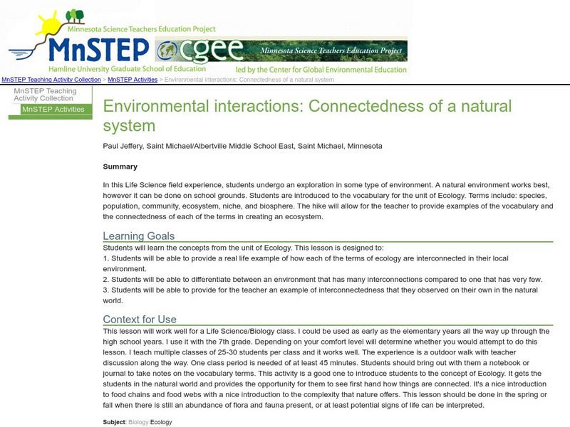 Serc: Environmental Interactions: Connectedness of a Natural System Lesson Plan Serc: Environmental Interactions: Connectedness of a Natural System Lesson Plan
