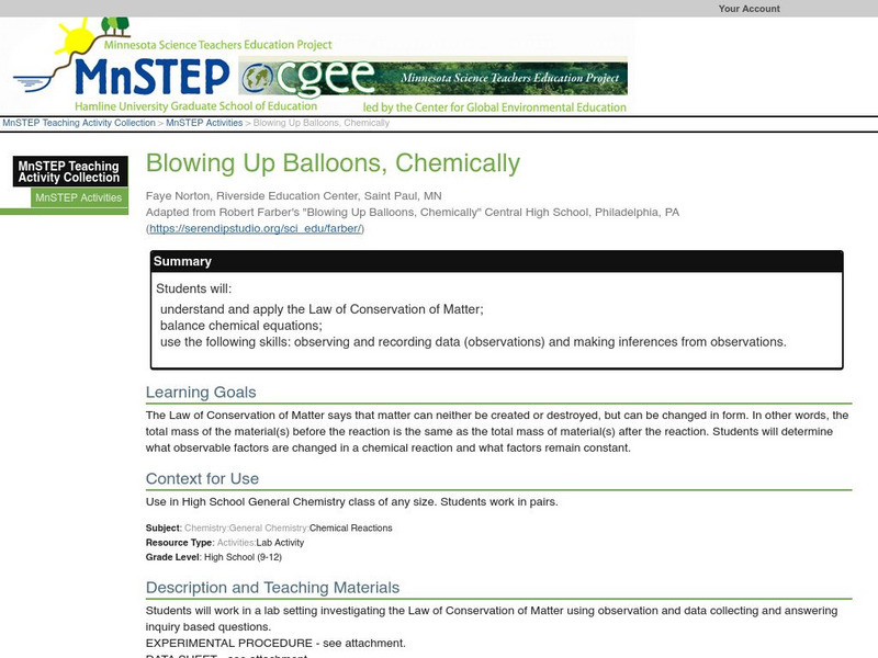 Serc: Blowing Up Balloons, Chemically Lesson Plan Serc: Blowing Up Balloons, Chemically Lesson Plan