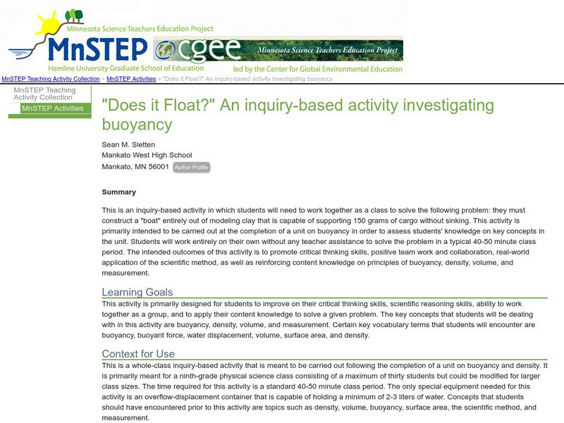 Serc: "Does It Float?" an Inquiry Based Activity Investigating Buoyancy Activity Serc: "Does It Float?" an Inquiry Based Activity Investigating Buoyancy Activity