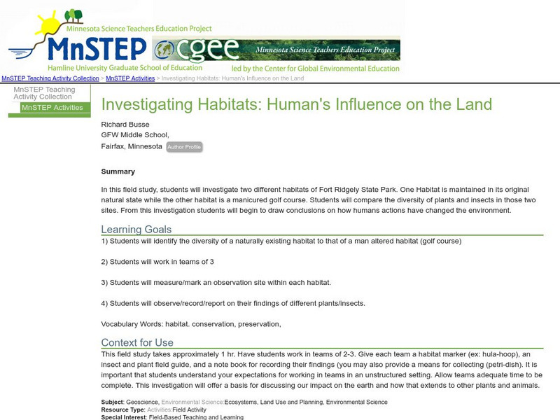 Serc: Investigating Habitats: Human's Influence on the Land Lesson Plan Serc: Investigating Habitats: Human's Influence on the Land Lesson Plan