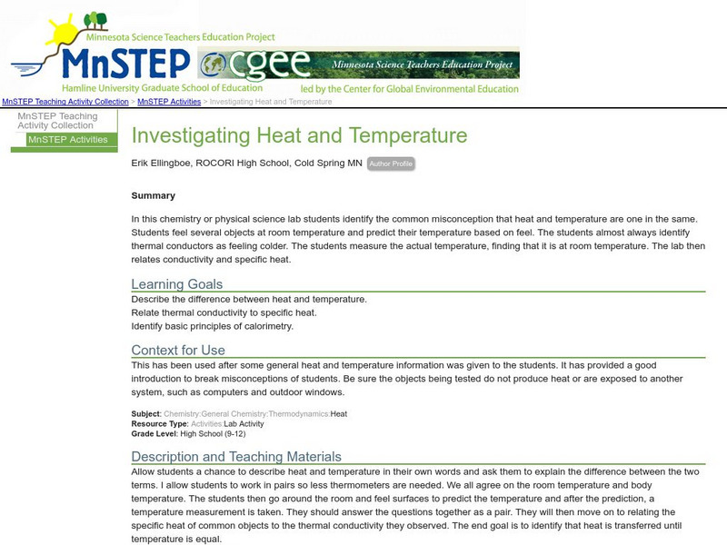 Serc: Investigating Heat and Temperature Lesson Plan Serc: Investigating Heat and Temperature Lesson Plan