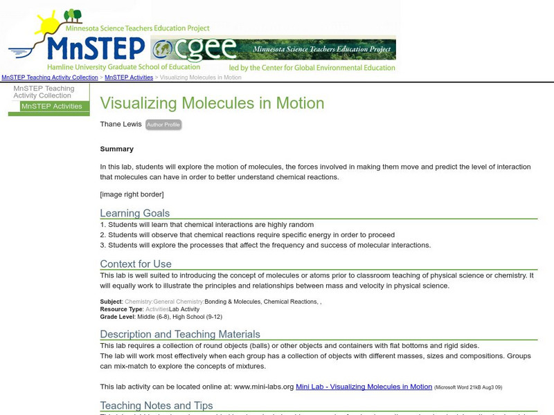 Serc: Visualizing Molecules in Motion Lesson Plan Serc: Visualizing Molecules in Motion Lesson Plan