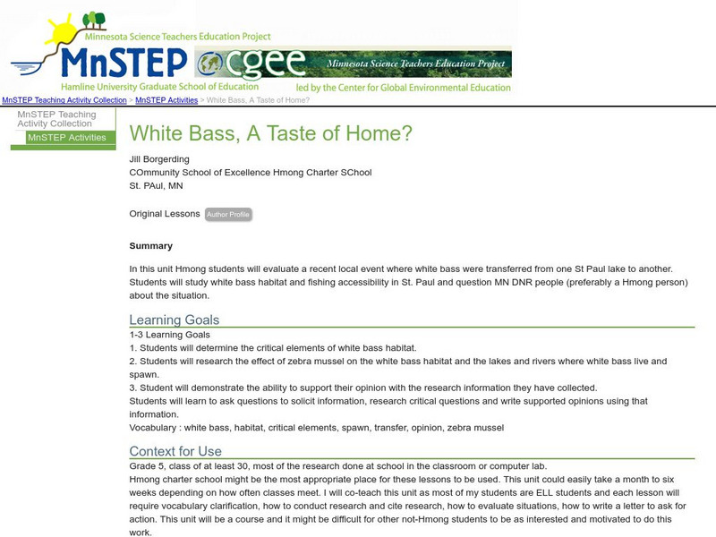 Serc: Mn Step: White Bass, a Taste of Home? Lesson Plan Serc: Mn Step: White Bass, a Taste of Home? Lesson Plan