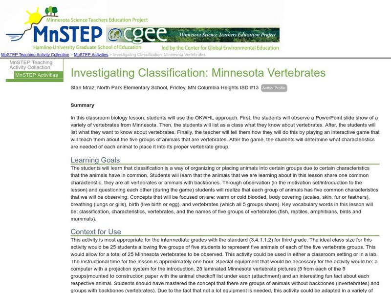 Serc: Investigating Classification: Minnesota Vertebrates Lesson Plan Serc: Investigating Classification: Minnesota Vertebrates Lesson Plan