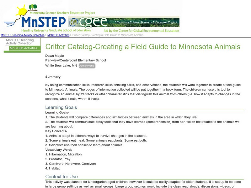Serc: Critter Catalog Creating a Field Guide to Minnesota Animals Lesson Plan Serc: Critter Catalog Creating a Field Guide to Minnesota Animals Lesson Plan