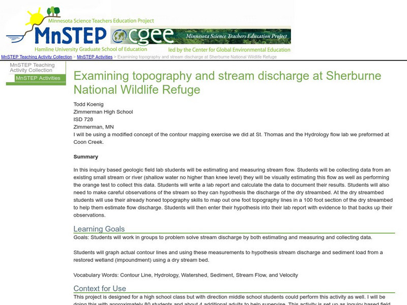Serc: Examining Topography Stream Discharge Sherburne National Wildlife Refuge Lesson Plan Serc: Examining Topography Stream Discharge Sherburne National Wildlife Refuge Lesson Plan