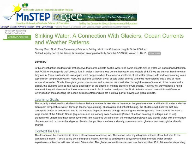 Serc: Mn Step: Sinking Water: Glaciers, Ocean Currents and Weather Patterns Lesson Plan Serc: Mn Step: Sinking Water: Glaciers, Ocean Currents and Weather Patterns Lesson Plan
