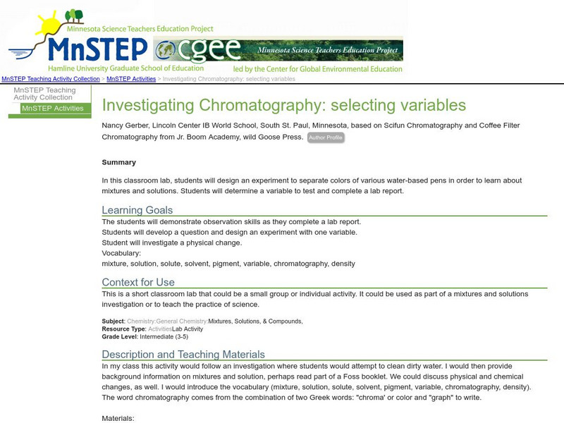Serc: Investigating Chromatography: Selecting Variables Lesson Plan Serc: Investigating Chromatography: Selecting Variables Lesson Plan