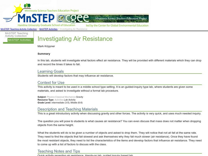 Serc: Investigating Air Resistance Lesson Plan Serc: Investigating Air Resistance Lesson Plan