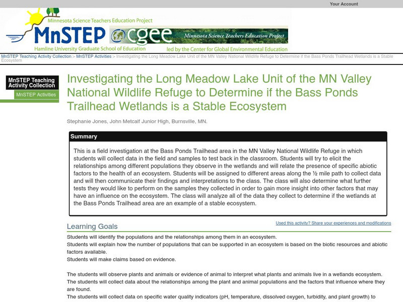 Serc: Investigating the Long Meadow Lake Unit of Valley Nat'l Wildlife Refuge Lesson Plan Serc: Investigating the Long Meadow Lake Unit of Valley Nat'l Wildlife Refuge Lesson Plan