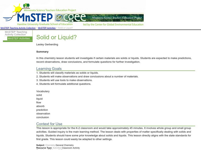 Serc: Mn Step: Solid or Liquid? Lesson Plan Serc: Mn Step: Solid or Liquid? Lesson Plan