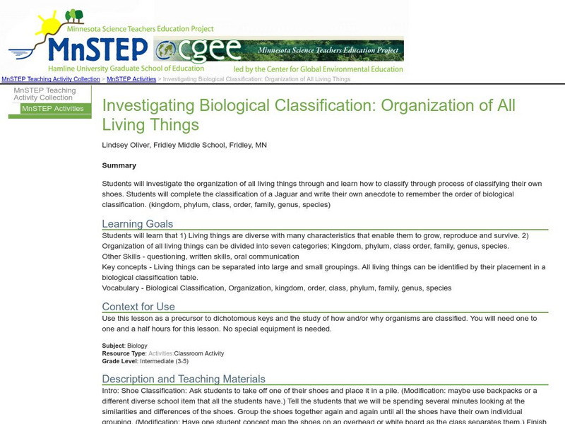 Serc: Investigating Biological Classification: Organization of All Living Things Lesson Plan Serc: Investigating Biological Classification: Organization of All Living Things Lesson Plan