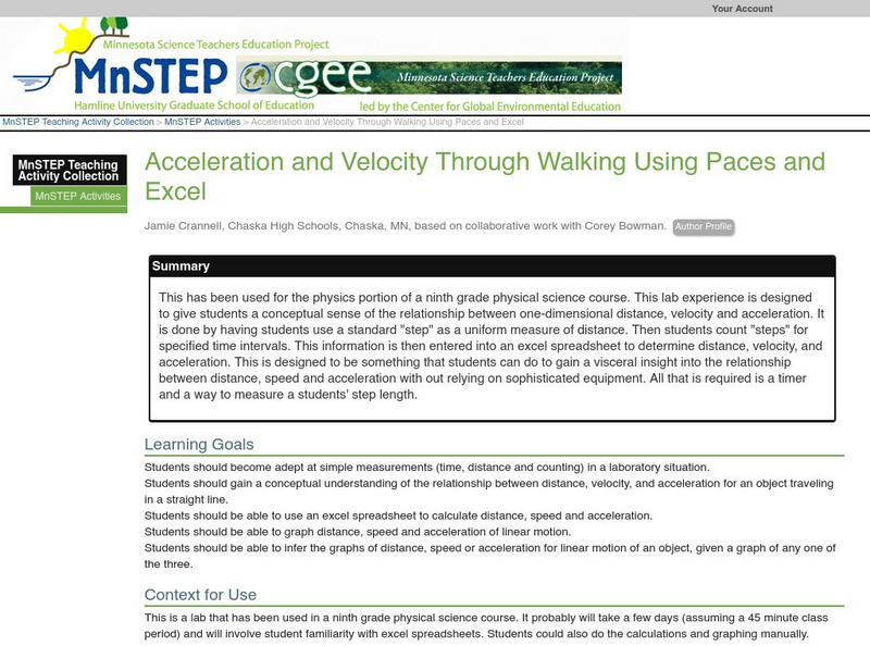Serc: Acceleration and Velocity Through Walking Using Paces and Excel Lesson Plan Serc: Acceleration and Velocity Through Walking Using Paces and Excel Lesson Plan