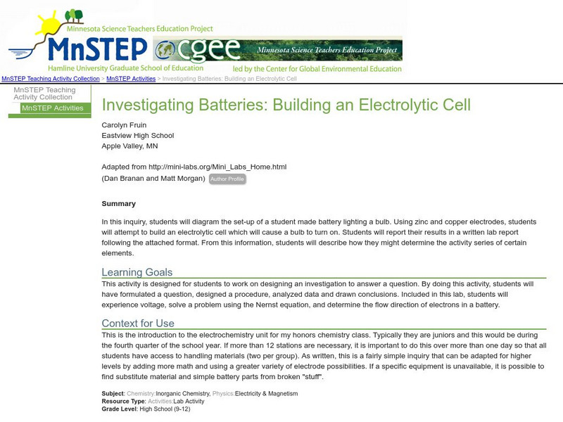 Serc: Investigating Batteries: Building an Electrolytic Cell Lesson Plan Serc: Investigating Batteries: Building an Electrolytic Cell Lesson Plan
