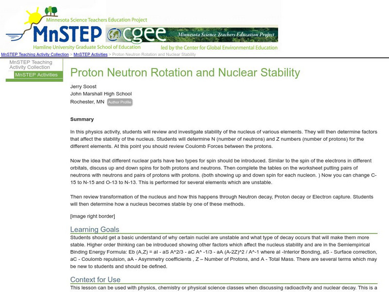 Serc: Proton Neutron Rotation and Nuclear Stability Lesson Plan Serc: Proton Neutron Rotation and Nuclear Stability Lesson Plan