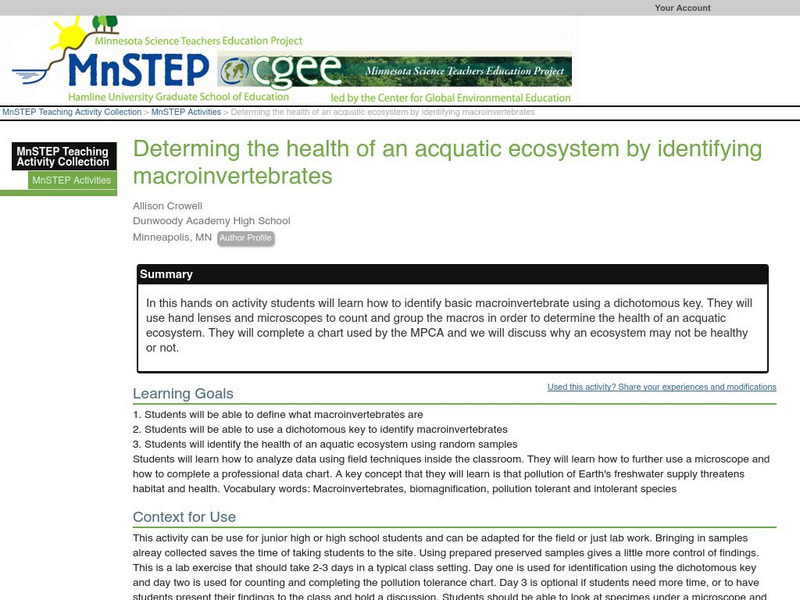 Serc: Identifying Macroinvertebrates to Determine Health of Aquatic Ecosystem Lesson Plan Serc: Identifying Macroinvertebrates to Determine Health of Aquatic Ecosystem Lesson Plan