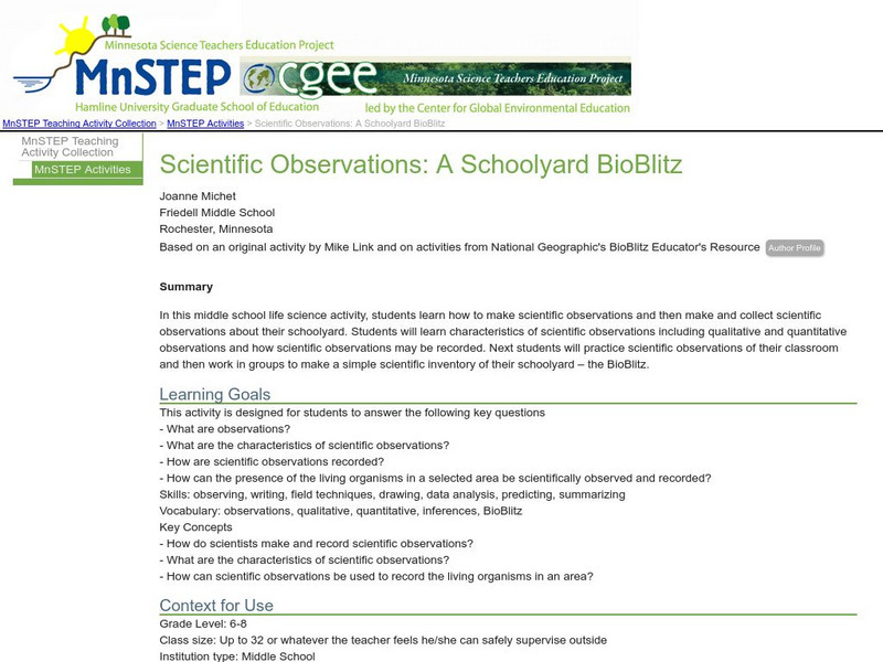 Serc: Mn Step: Scientific Observations: A Schoolyard Bio Blitz Lesson Plan