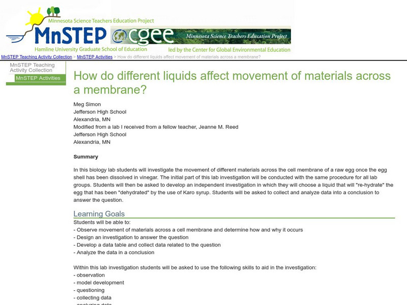 Serc: How Do Different Liquids Affect Movement of Materials Across a Membrane? Lesson Plan Serc: How Do Different Liquids Affect Movement of Materials Across a Membrane? Lesson Plan