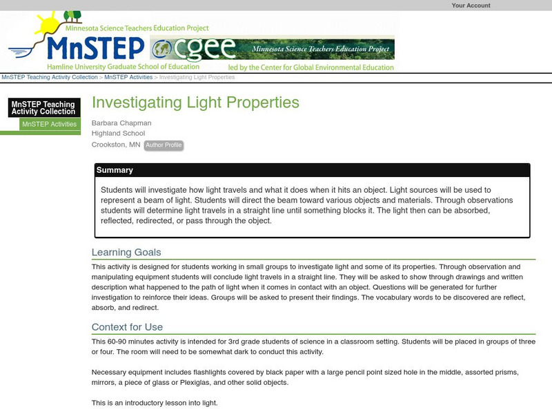 Serc: Investigating Light Properties Lesson Plan Serc: Investigating Light Properties Lesson Plan