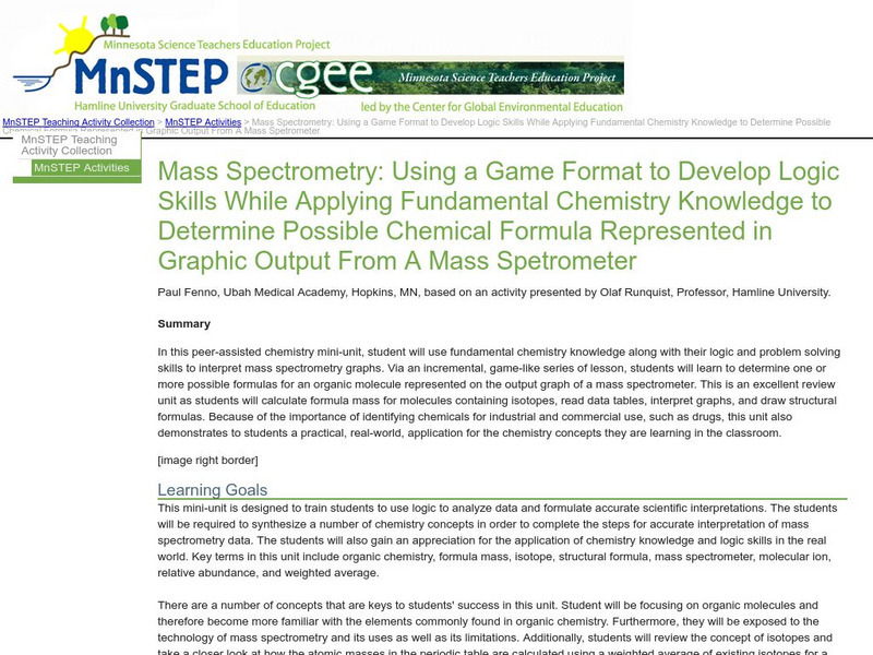 Serc: Mass Spectrometry: Using a Game Format to Develop Logic Skills Lesson Plan