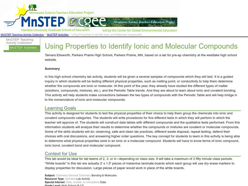 Serc: Using Properties to Identify Ionic and Molecular Compounds Lesson Plan Serc: Using Properties to Identify Ionic and Molecular Compounds Lesson Plan
